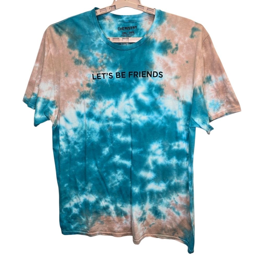 Chemistry Let's Be Friends Tie Dye Teal Blue and Tan Short Sleeve T-Shirt